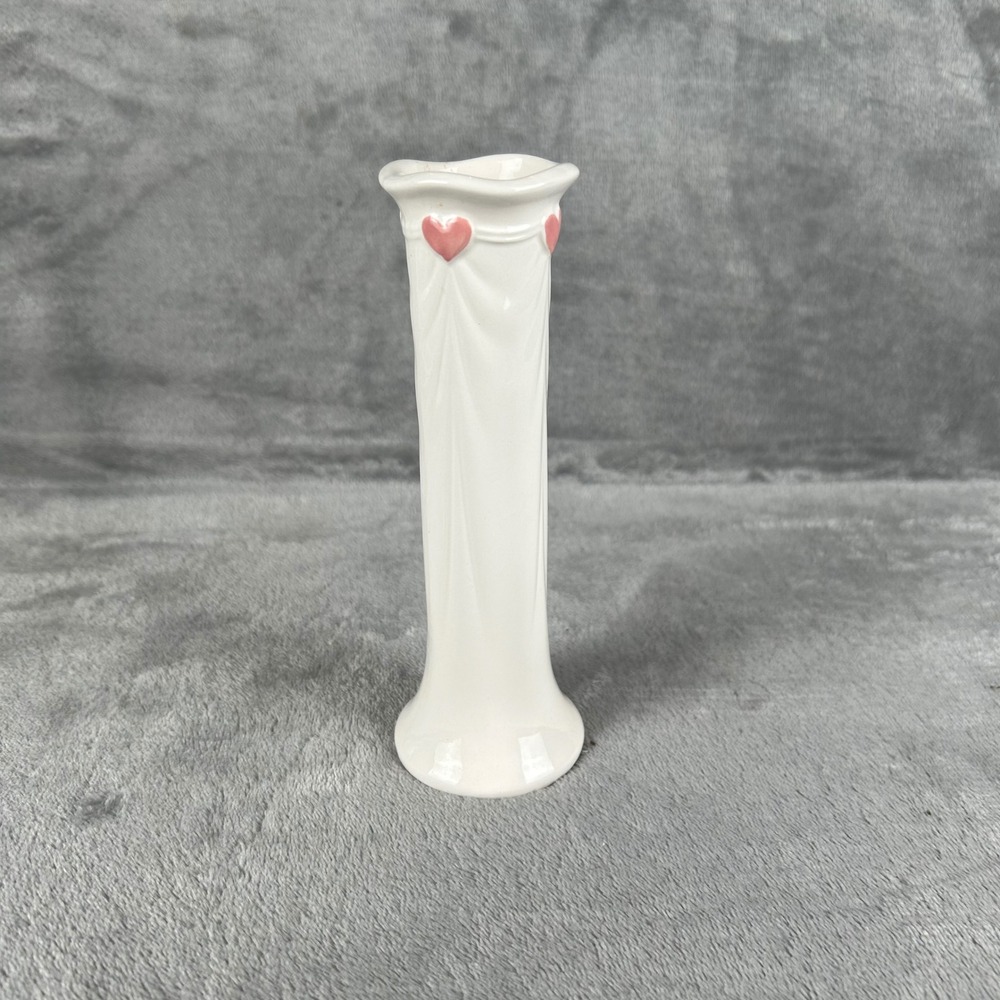 Vintage 1985 FTDA Pink Hearts White Ceramic Bud Vase Made in Japan 7.25 Inch
